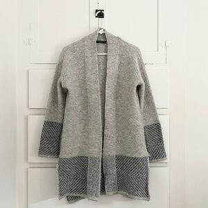 Mango Gray Open Front Cardigan Chevron Knit Hem & Cuffs Size XS